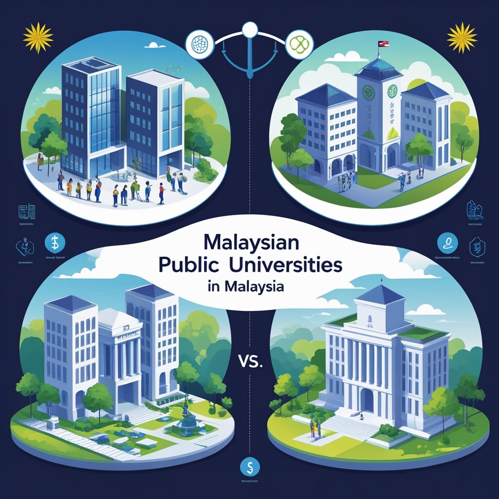 An illustration showing a comparison between private and public universities in Malaysia, with two different university campuses and students engaged in various activities, separated by a visual metaphor representing a balanced comparison.