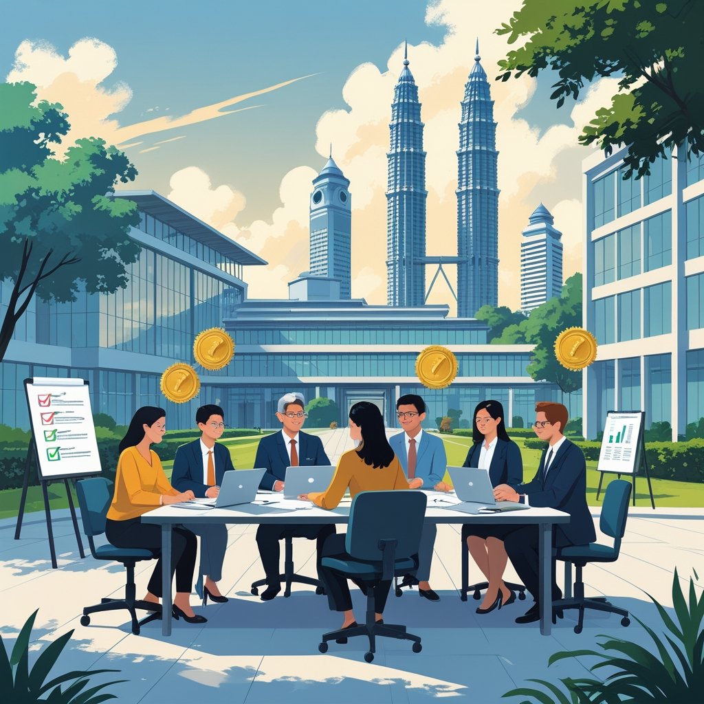 University staff and academics collaborating around a table with documents and laptops on a Malaysian university campus, with city landmarks visible in the background.