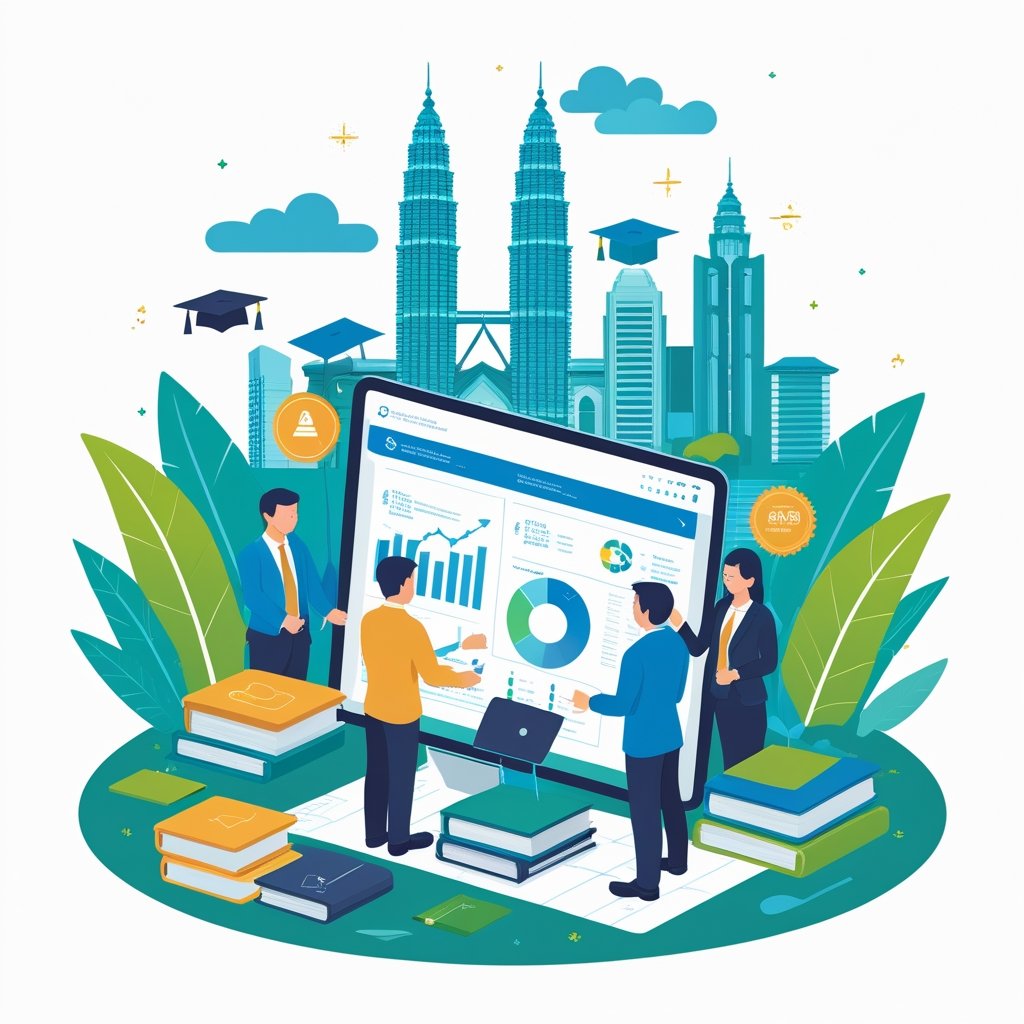 A group of academic professionals discussing quality assurance in a Malaysian university campus with educational symbols and accreditation icons around them.