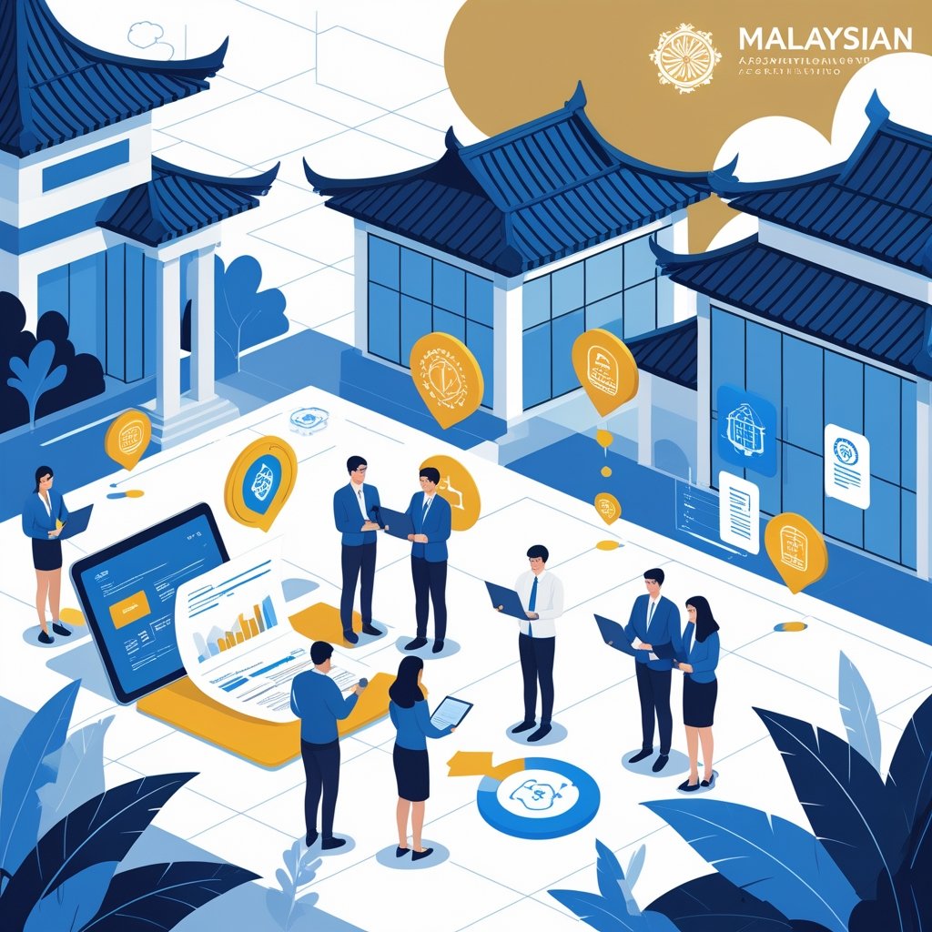 A university campus scene with students and staff reviewing documents and digital devices, surrounded by icons representing accreditation and quality assurance, with Malaysian architectural features and a flag motif in the background.