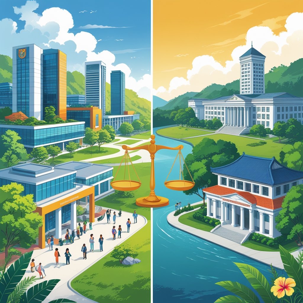 A split scene showing a modern private university campus on one side and a traditional public university campus on the other, with students on both sides and a balanced scale in the middle representing choice.